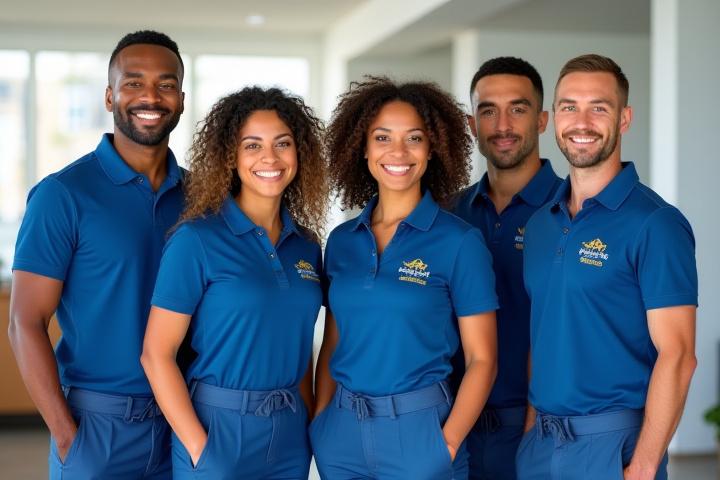 A smiling team of Timeless Touch Cleaning professionals in uniform standing together, exuding professionalism and approachability.