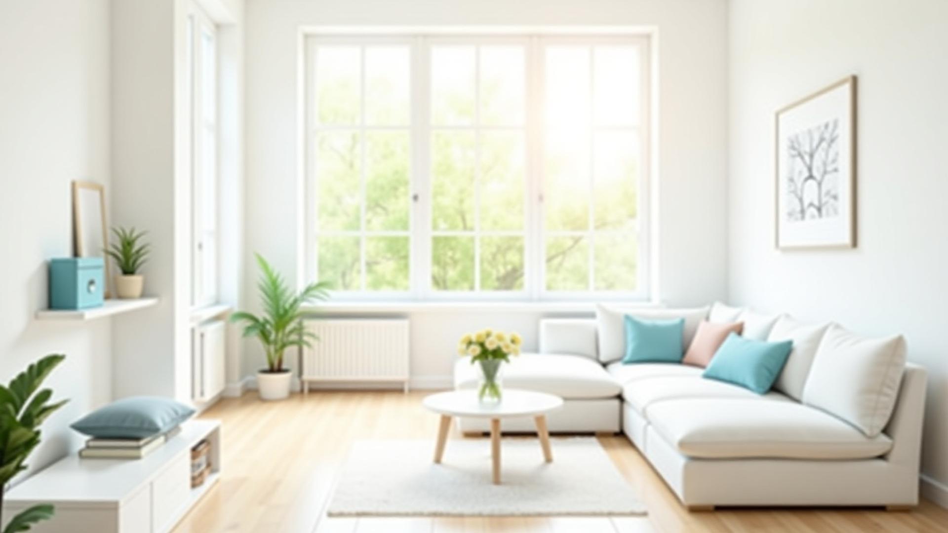 Spotless, modern living room with natural light, showcasing a perfectly clean home environment.