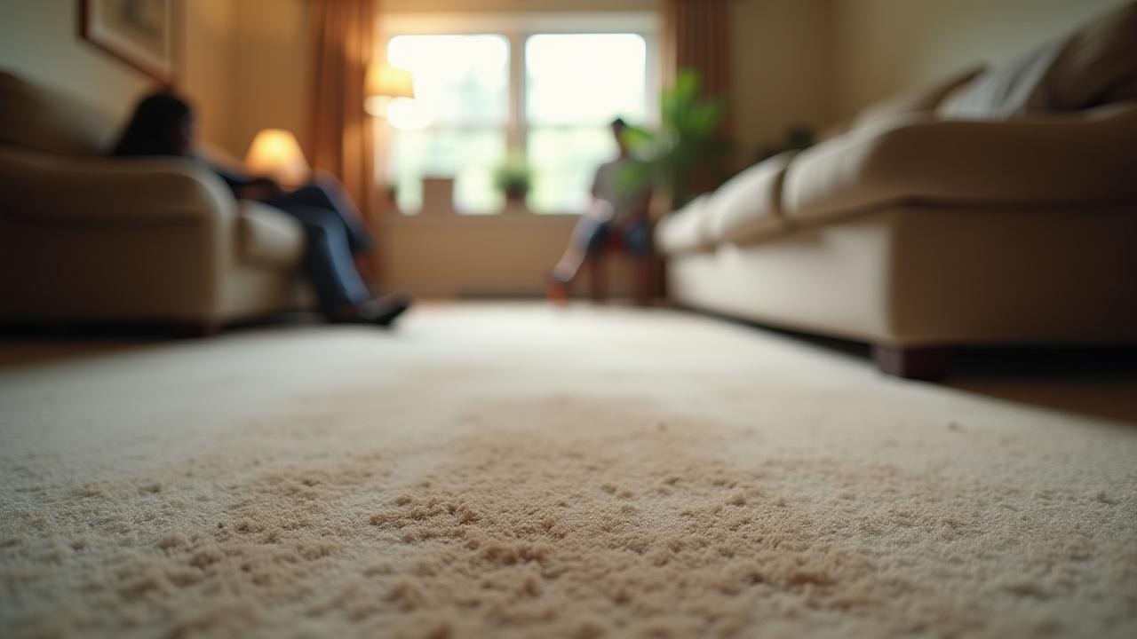 Before and after image of a stained living room carpet. Left side is dull and stained, right side is bright and clean.