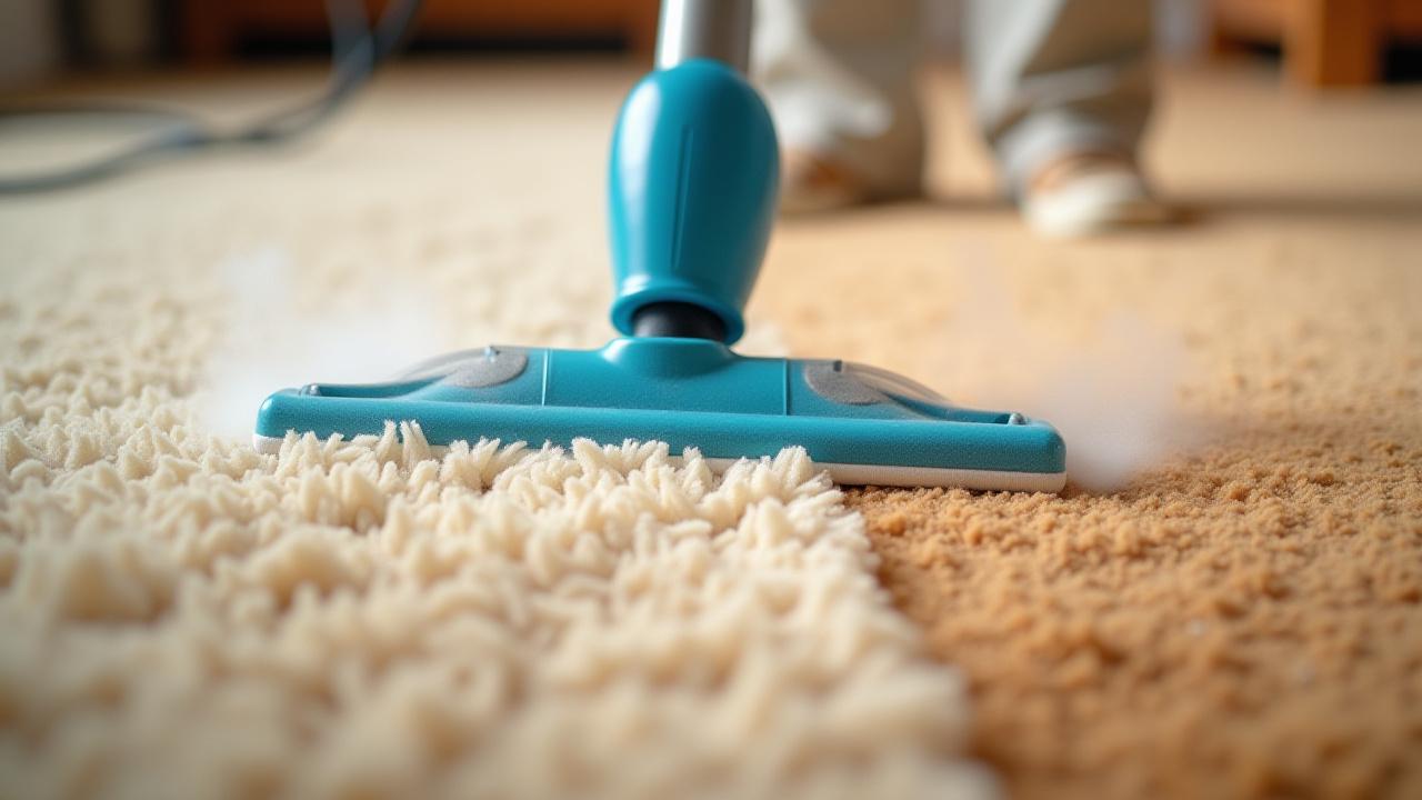 Close-up of a carpet cleaning wand making a clean line on a dirty carpet, demonstrating effective cleaning.