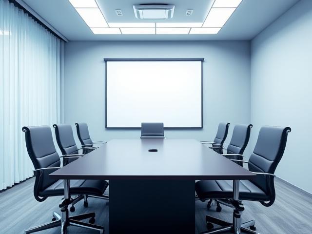 Immaculate conference room with polished table and clean seating, ready for use.