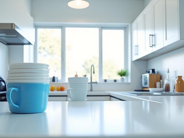 Spotless, organized office kitchen with gleaming appliances and countertops.
