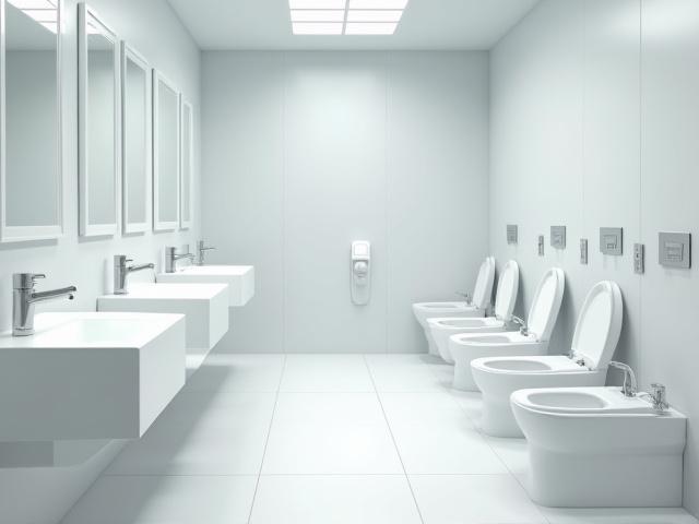 Pristine, sanitized corporate washroom with modern fixtures, reflecting hygiene standards.