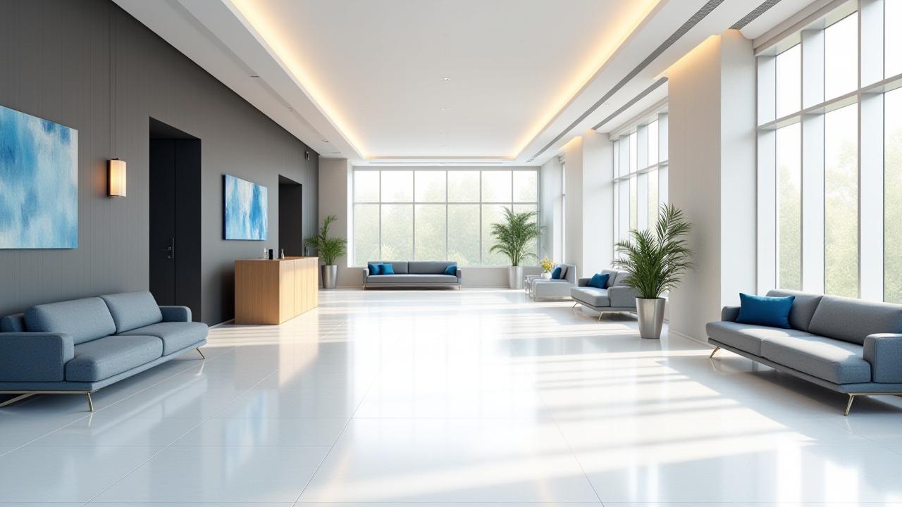 Sparkling clean, modern commercial office lobby with natural light, reflecting the high standard of commercial cleaning in Telford.