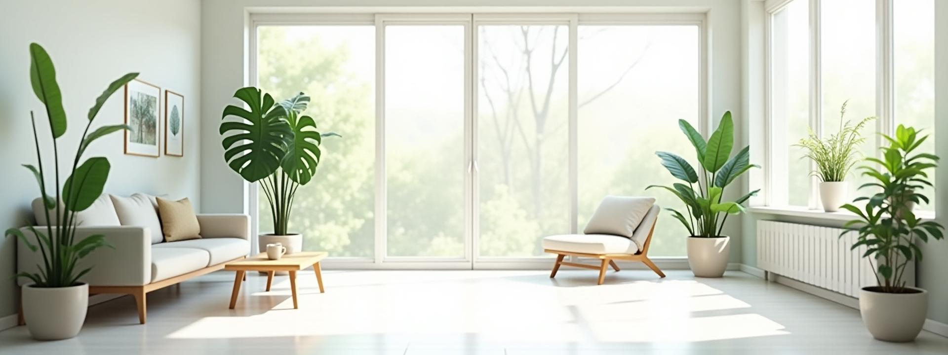 Bright, airy office space with large windows and lush green plants, conveying a sense of fresh, clean air and environmental consciousness