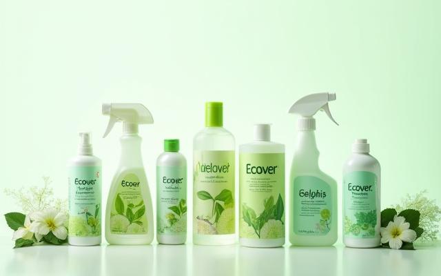 A collection of EU Ecolabel certified cleaning products, clearly branded Ecover and Delphis Eco