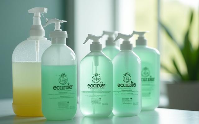 Refill station with various eco-friendly cleaning product bottles, emphasizing waste reduction and sustainable practices