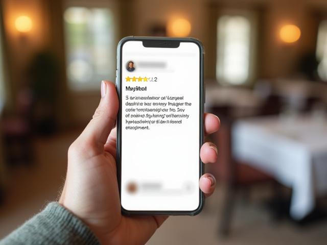 Hand holding a smartphone displaying a positive 5-star online review