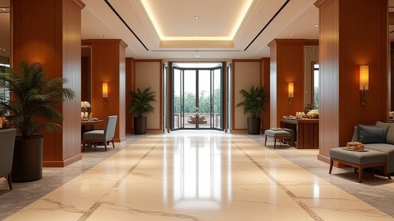Immaculate, luxurious hotel lobby with polished floors and comfortable seating
