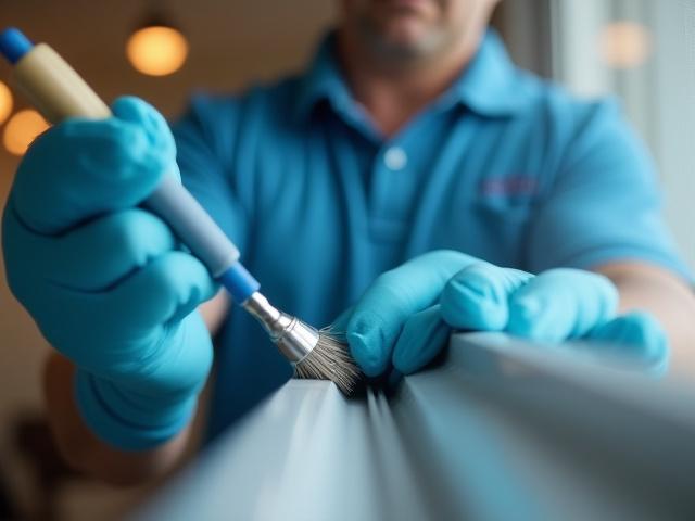 Close-up of a uniformed cleaning team member meticulously cleaning a window track with a small brush.